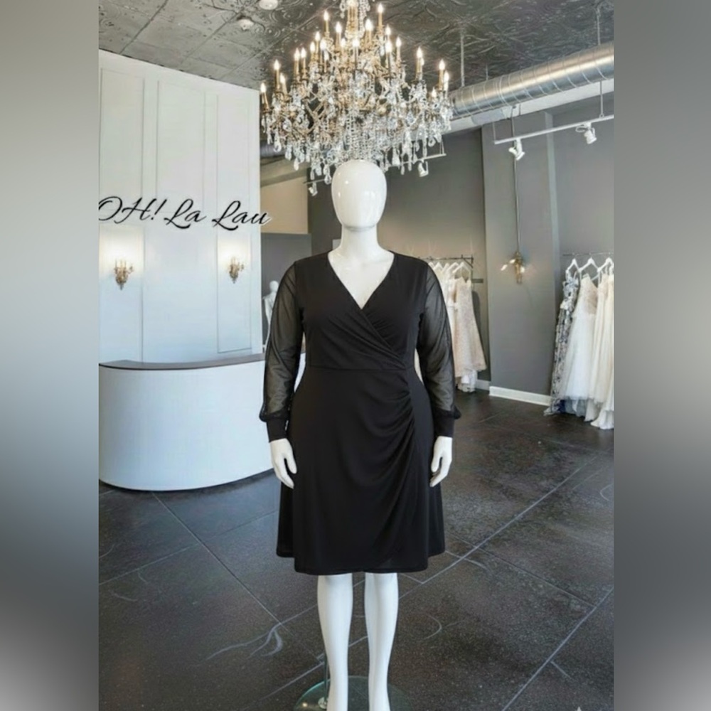 Almost Famous Black Dress 2XL - Sheer Long Sleeves - Draped Front - NWOT